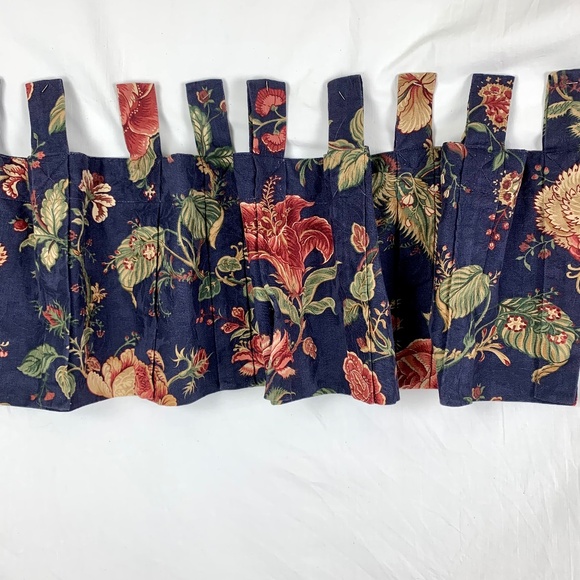 Rust Flowers on Dk Blue Jacquard Valance Two 17 X 51 in Panels Cotton Tabs Top - Picture 1 of 10